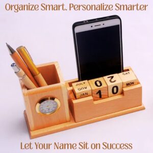 Desk organizer for students with books, pens, and cables neatly arranged