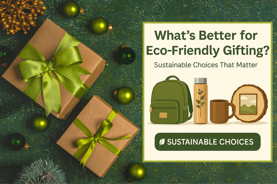 A collection of eco-friendly gifts including plants and wooden items
