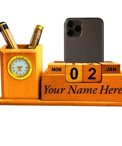 Ultimate Wooden Desk Organizer with Clock, Mobile & Pen Holder | Custom Name Engraved | 999-Year Calender
